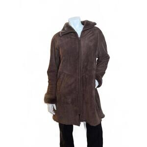 Jones New York Sport Genuine Leather Shearling Coat Small Brown Full Zip Jacket